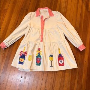 Fantastic Fawn Cream Pleather Dress Pink Sequin Appliqué Statement Size S